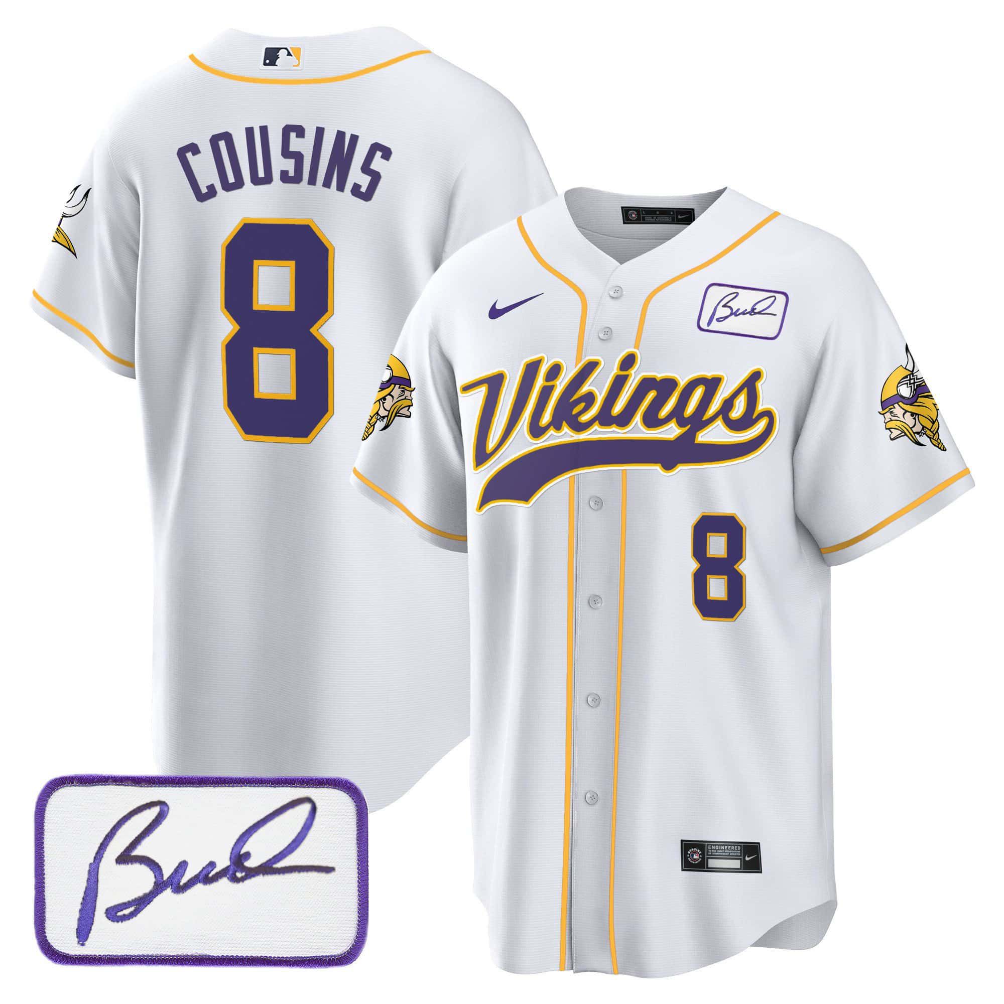 Men Minnesota Vikings #8 Cousins White 2024 Nike Bud Grant Patch Classic Baseball NFL Jersey